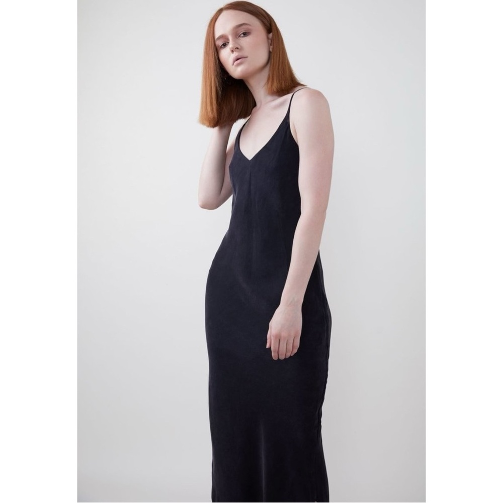 OZMA of California Long Cupro Slip Dress - Black Sleeveless V-Neck Midi Dress - Picture 10 of 13